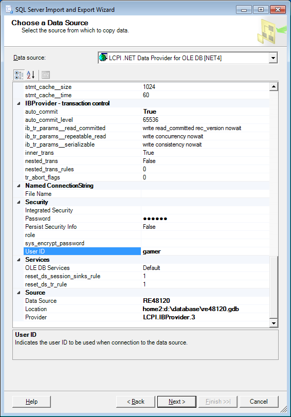 SQL Server Export/Import LCPI .NET Data Provider Configuration